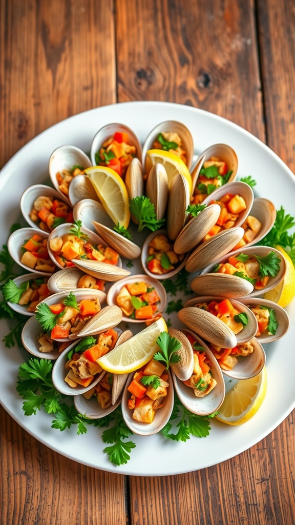 A clam ring appetizer with clams, vegetables, and lemon wedges on a rustic platter.